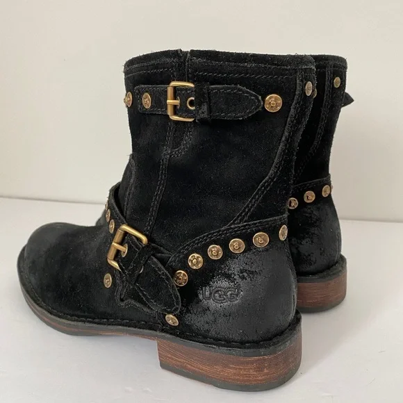UGG Fabrizia Black Suede Studded Moto Boots 7.5 - Picture 4 of 11